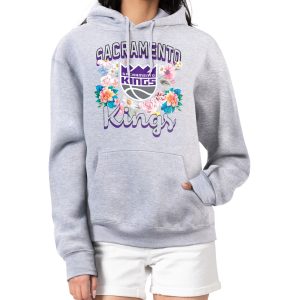 G III 4Her by Carl Banks Sacramento Kings Women's Heather Gray Flowers Team Logo Graphic Stylish Fleece Pullover Hoodie