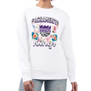 G III 4Her by Carl Banks Sacramento Kings Women's White Flowers Team Logo Graphic Fabulous Fleece Crewneck Pullover Sweatshirt