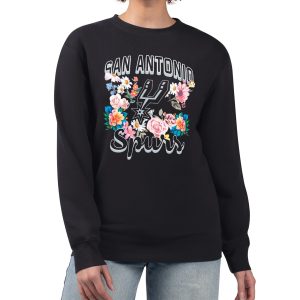 G III 4Her by Carl Banks San Antonio Spurs Elegant Women's Black Flowers Team Logo Graphic Fleece Crewneck Pullover Sweatshirt