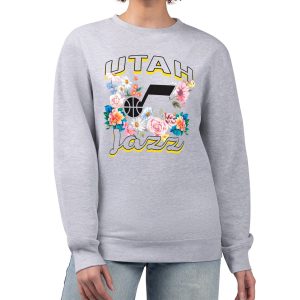 G III 4Her by Carl Banks Utah Jazz Women's Heather Gray Flowers Team Logo Graphic Fleece Crewneck Pullover Sweatshirt Stylish