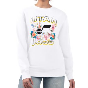 G III 4Her by Carl Banks Utah Jazz Women's White Flowers Team Logo Graphic Chic Fleece Crewneck Pullover Sweatshirt