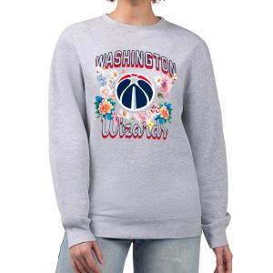 G III 4Her by Carl Banks Washington Wizards Women's Trendy Heather Gray Flowers Team Logo Graphic Fleece Crewneck Pullover Sweatshirt