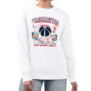G III 4Her by Unique Carl Banks Washington Wizards Women's White Flowers Team Logo Graphic Fleece Crewneck Pullover Sweatshirt