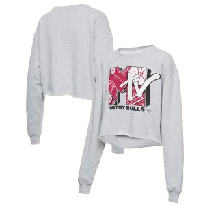 Junk Food Chicago Bulls Women's Heathered Gray NBA x MTV I Fabulous Want My Cropped Fleece Pullover Sweatshirt