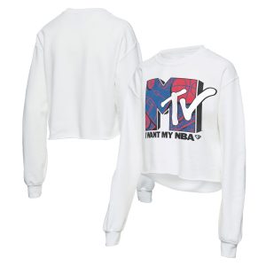 Junk Food Women's Elegant White NBA x MTV I Want My Cropped Fleece Pullover Sweatshirt