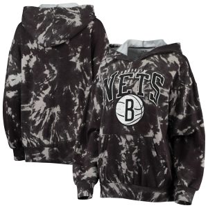 Majestic Threads Brooklyn Nets Women's Black Burble Tie Dye Trendy Tri Blend Pullover Hoodie