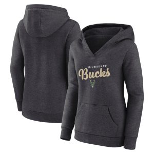 Milwaukee Bucks Women's Elegant Heather Charcoal Triumphant V Neck Pullover Hoodie
