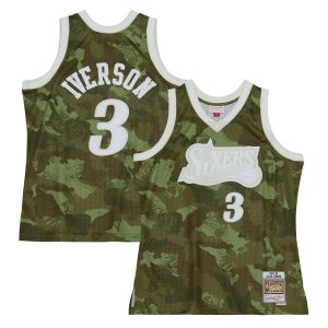 Mitchell & Ness Eye - catching Allen Iverson Philadelphia 76ers Camo Hardwood Classics 1997/98 Ghost Green Swingman Jersey