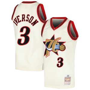 Mitchell & Ness Allen Iverson Philadelphia 76ers Eye - catching Cream Chainstitch Swingman Jersey