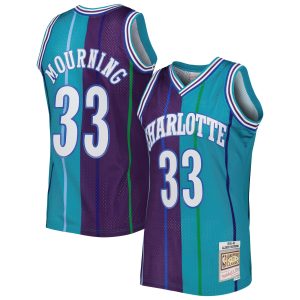 Mitchell & Ness Alonzo Mourning Eye - catching Charlotte Hornets Teal/Purple Hardwood Classics 1992/93 Split Swingman Jersey