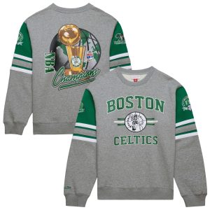 Mitchell & Ness Boston Celtics Heather Gray Hardwood Classics All Over 4.0 Eye - catching Pullover Sweatshirt