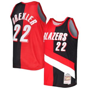 Mitchell & Ness Clyde Drexler Portland Eye - catching Trail Blazers Red/Black Hardwood Classics 1991/92 Split Swingman Jersey
