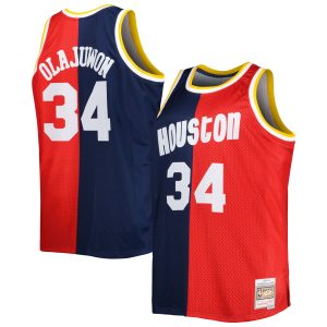 Mitchell & Ness Hakeem Olajuwon Houston Rockets Navy/ Chic Red Big & Tall Hardwood Classics 1993/94 Split Swingman Jersey