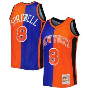 Mitchell & Ness Latrell Sprewell New York Knicks Blue/Orange Hardwood Classics Eye - catching 1998/99 Split Swingman Jersey