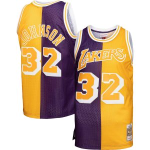 Mitchell & Ness Magic Gorgeous Johnson Los Angeles Lakers Purple/Gold Big & Tall Hardwood Classics 1984/85 Split Swingman Jersey