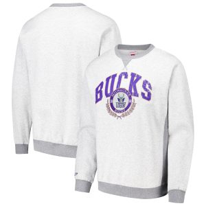 Mitchell & Ness Milwaukee Bucks Heather Gray Vintage Chic Logo Pullover Sweatshirt