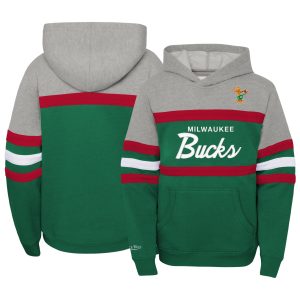 Mitchell & Ness Milwaukee Bucks Youth Green/Heather Gray Hardwood Classics Head Coach Elegant Pullover Hoodie