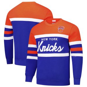 Mitchell & Ness New York Knicks Blue/Orange Hardwood Classics Vintage Logo Head Coach Pullover Sweatshirt Elegant