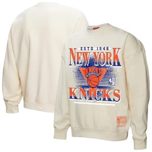 Mitchell & Unique Ness New York Knicks Women's Cream Oversprayed Pullover Sweatshirt