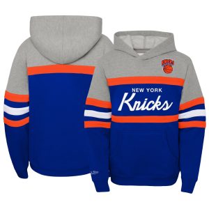 Mitchell & Ness New York Knicks Youth Elegant Blue/Heather Gray Hardwood Classics Head Coach Pullover Hoodie