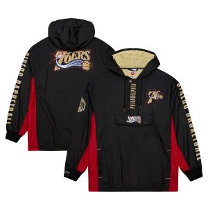 Mitchell & Ness Philadelphia 76ers Black Elegant Big & Tall Hardwood Classics Team OG 2.0 Anorak Hoodie Quarter Zip Windbreaker Jacket