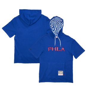 Mitchell & Ness Elegant Philadelphia 76ers Royal Hardwood Classics Striped Logo Short Sleeve Pullover Hoodie
