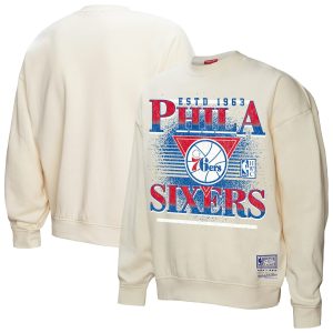 Mitchell & Ness Philadelphia 76ers Women's Cream Unique Oversprayed Pullover Sweatshirt