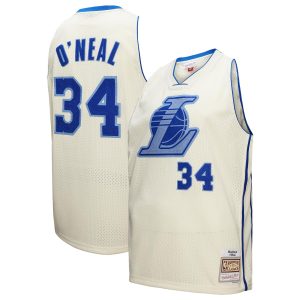 Mitchell Eye - catching & Ness Shaquille O'Neal Los Angeles Lakers Cream Chainstitch Swingman Jersey