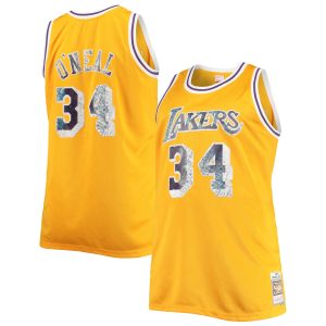 Mitchell & Ness Shaquille O'Neal Los Angeles Chic Lakers Gold Big & Tall 1996 97 NBA 75th Anniversary Diamond Swingman Jersey