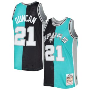 Mitchell Unique & Ness Tim Duncan San Antonio Spurs Black/Teal Hardwood Classics 1998/99 Split Swingman Jersey