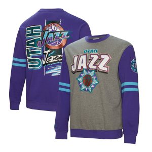 Mitchell Premium & Ness Utah Jazz Heather Gray All Over Pullover Sweatshirt