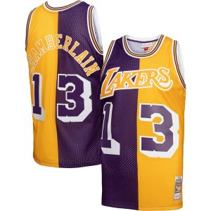 Mitchell & Ness Wilt Chamberlain Los Angeles Lakers Purple/Gold Hardwood Classics Elegant 1971/72 Split Swingman Jersey