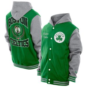 New Era Boston Celtics Kelly Green Throwback Prep Chenille Full Snap Hooded Stylish Varsity Jacket