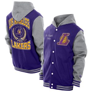 New Era Los Angeles Lakers Purple Throwback Premium Prep Chenille Full Snap Hooded Varsity Jacket