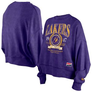 New Era Los Angeles Lakers Women's Purple Throwback Chic Vintage Enzyme Wash Oversized Boxy Pullover Sweatshirt