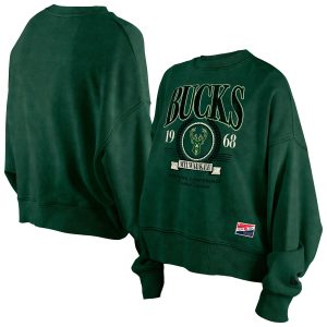 New Era Milwaukee Bucks Women's Hunter Green Throwback Stylish Vintage Enzyme Wash Oversized Boxy Pullover Sweatshirt