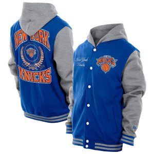 New Era New York Knicks Blue Throwback Chic Prep Chenille Full Snap Hooded Varsity Jacket