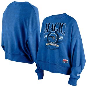 New Era Orlando Magic Women's Blue Throwback Vintage Eye - catching Enzyme Wash Oversized Boxy Pullover Sweatshirt