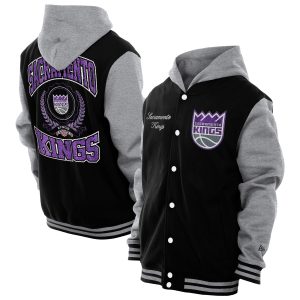 New Era Sacramento Kings Black Throwback Prep Chenille Full Snap Hooded Varsity Jacket Eye - catching