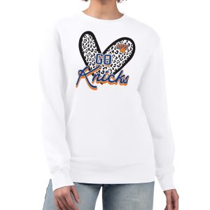 New York Knicks G III 4Her by Carl Banks White Women's GIII 4 Her Gorgeous Leopard Heart graphic Fleece Crewneck sweatshirt