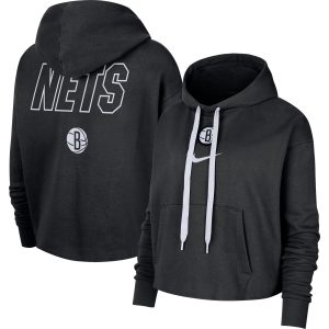 Nike Brooklyn Premium Nets Women's Black Courtside Cropped Pullover Hoodie
