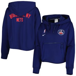 Nike Brooklyn Nets Women's Navy Courtside Cropped Tri Blend Performance Pullover Hoodie Premium
