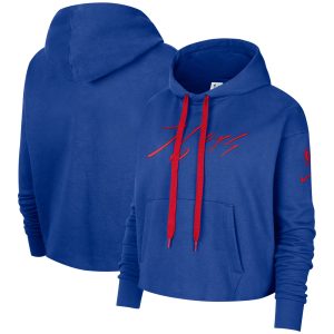 Nike Philadelphia 76ers Women's Royal Split Flip Courtside Stylish Cropped Pullover Hoodie