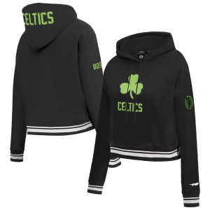 Pro Standard Boston Celtics Women's Stylish Black 2024/25 City Edition Chenille Applique Cropped Pullover Hoodie