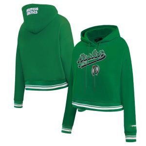 Pro Stylish Standard Boston Celtics Women's Kelly Green Script Tail Cropped Pullover Hoodie