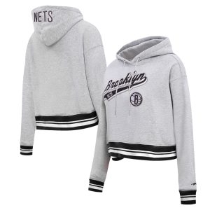 Pro Eye - catching Standard Brooklyn Nets Women's Heather Gray Script Tail Cropped Pullover Hoodie