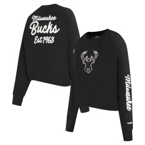 Pro Stylish Standard Milwaukee Bucks Women's Black Paint The City Cropped Pullover Sweatshirt