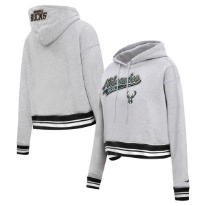Pro Standard Milwaukee Bucks Women's Heather Gray Script Tail Cropped Pullover Premium Hoodie
