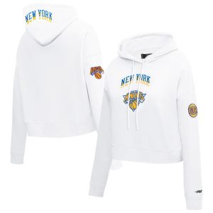Pro Standard New York Knicks Women's White 2024/25 City Edition Chenille Applique Cropped Elegant Pullover Hoodie