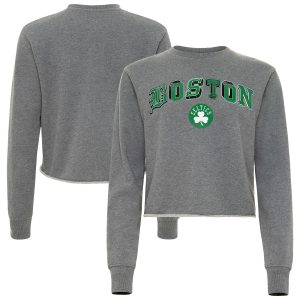 Sportiqe Boston Celtics Chic Women's Heather Gray Varsity Collection Kacey Cropped Pullover Sweatshirt